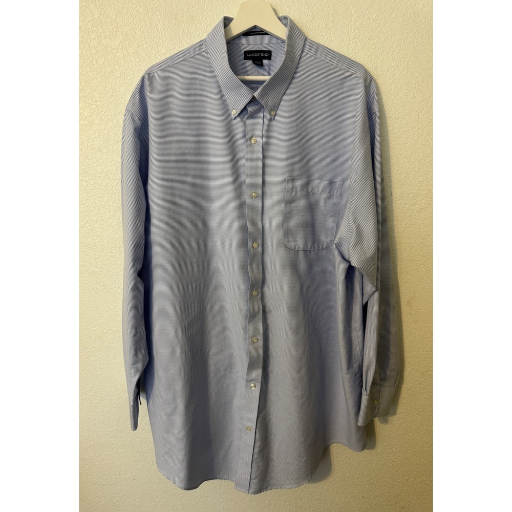 Lands End Mens Long Sleeve Traditional Fit Tall Blue‎ Striped Dress Shirt